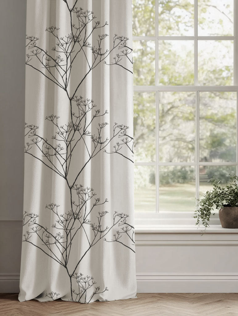 Black Floral Linen Curtains - Cicely Black - White base fabric.