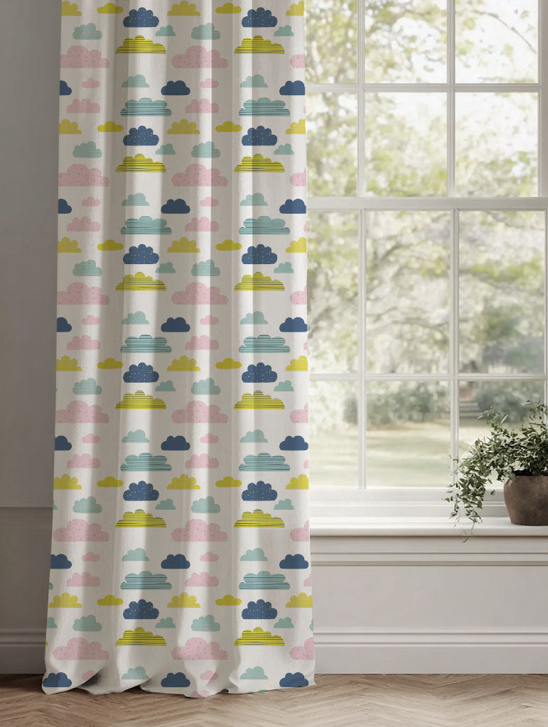 Yellow Kids Linen Curtains - Cloud Dreams Circus - White base fabric.