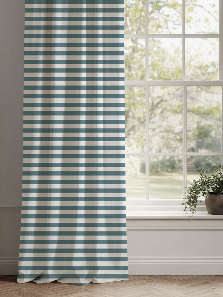 Blue Striped Linen Curtains - Della Paris Blue-WHT - White base fabric.