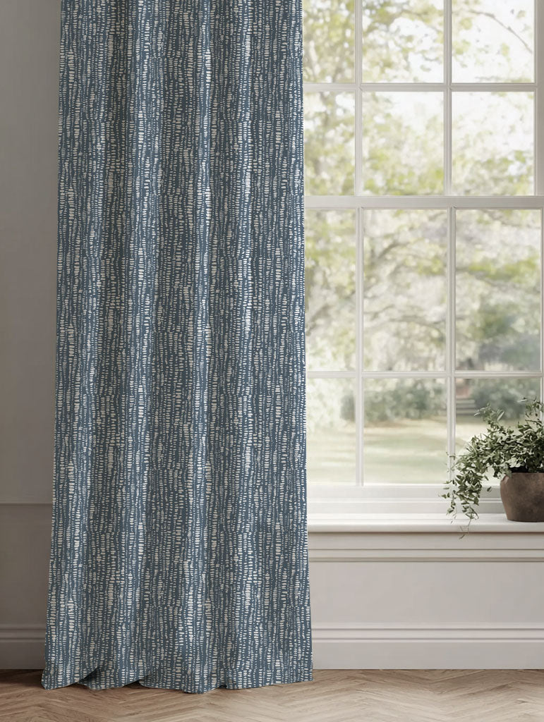 Blue Patterned Linen Curtains - Dora-INV-WHT Ink - White base fabric.