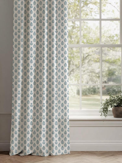 Blue Floral Linen Curtain - Doris Paris Blue-WHT - White base fabric.