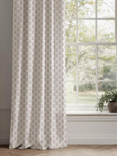 Pink Floral Linen Curtain - Doris Peony-WHT - White base fabric.