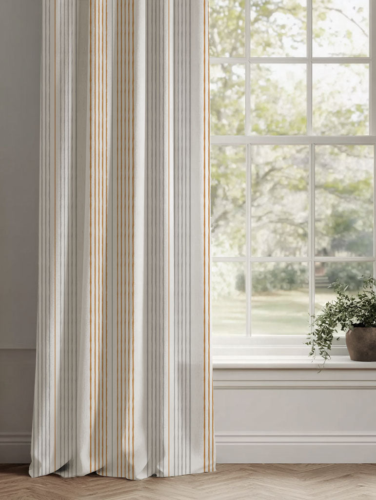 Yellow Striped Linen Curtains - Else Gold Rod - WHT - White base fabric.