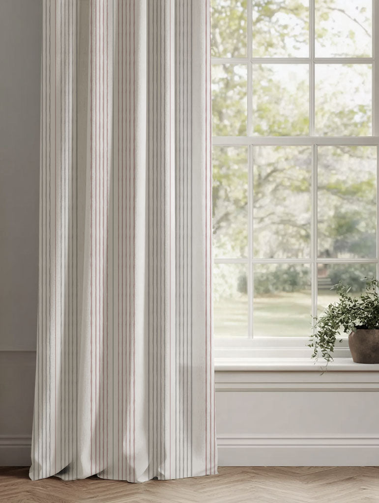Pink Striped Linen Curtains - Else Peony - WHT - White base fabric.