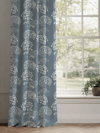 Blue Floral Linen Curtains - Erleen INV Agate Blue - White base fabric.