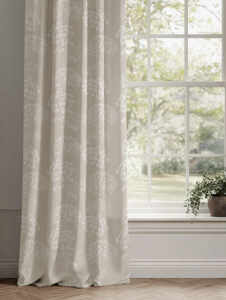 Neutral / Cream Floral Linen Curtains - Erleen INV SandWind - White base fabric.
