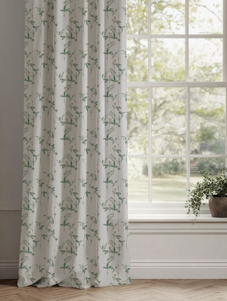White Floral Linen Curtains - Estelle White - White base fabric.