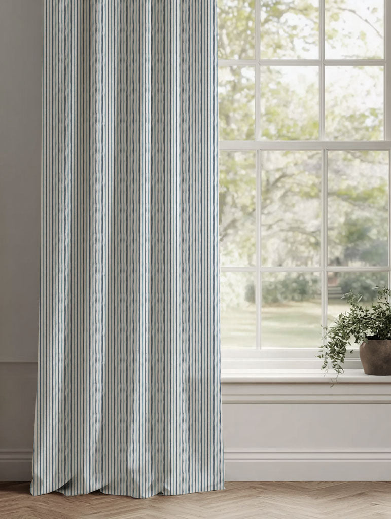 Blue Striped Linen Curtains - Evelina Ink-WHT - White base fabric.