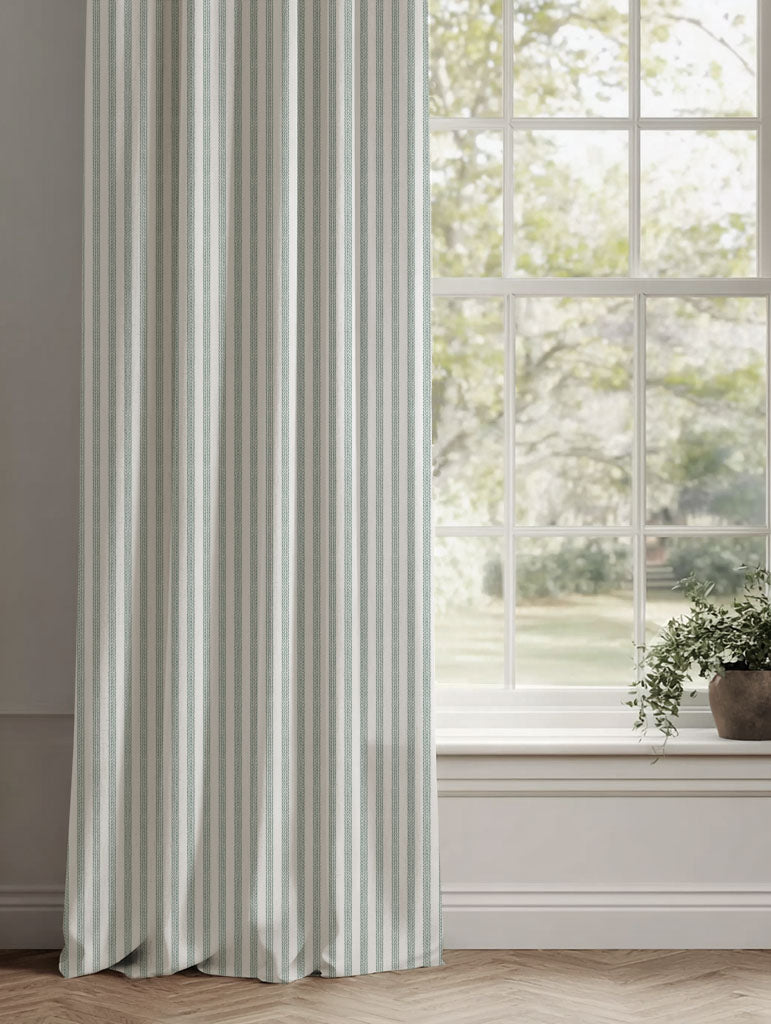 Green Striped Linen Curtains - Evianne Sage-WHT - White base fabric.