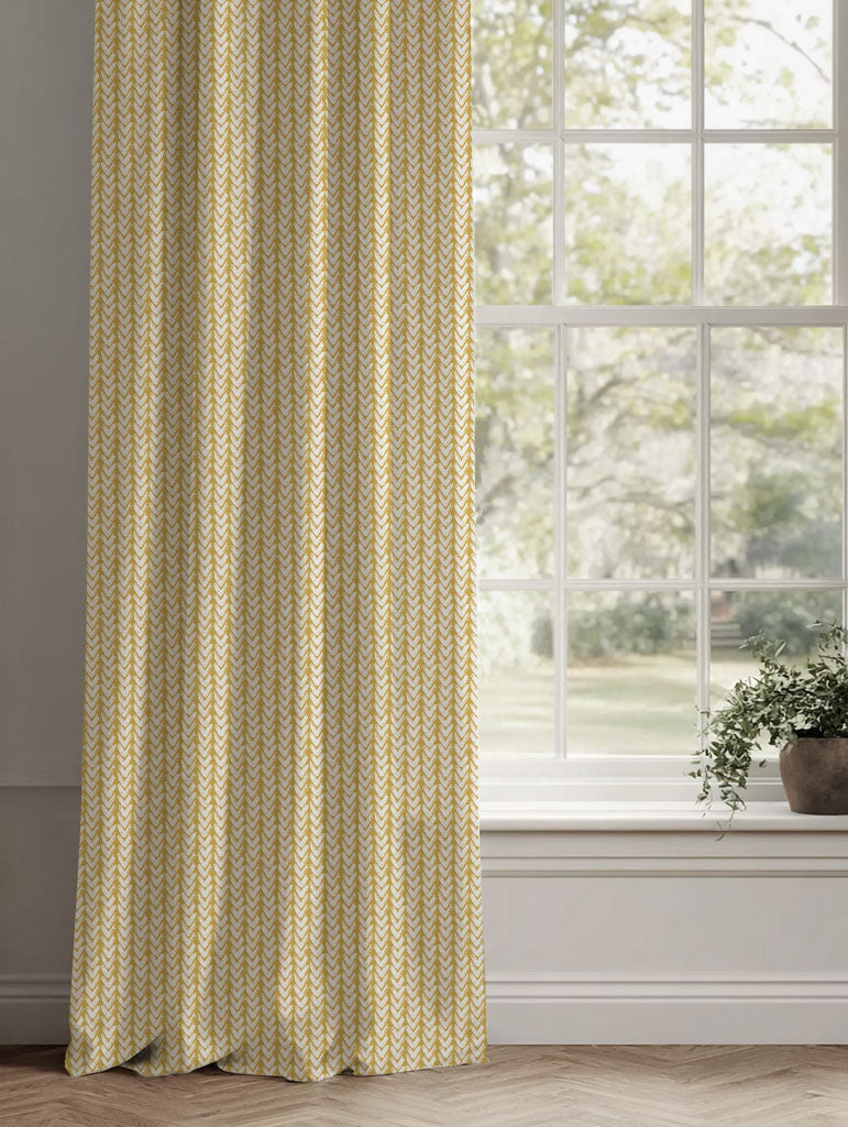 Yellow Patterned Linen Curtains - Fia Dijon - White base fabric.