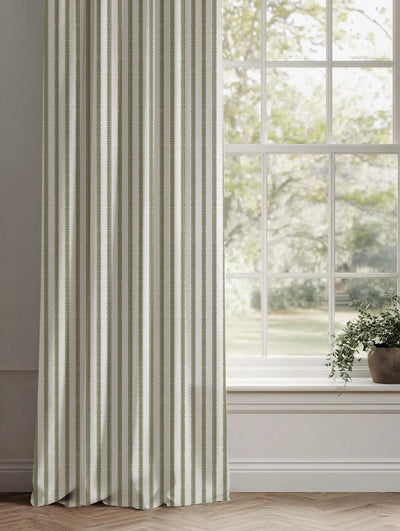 Green Patterned Linen Curtain - Fionna Moss-WHT - White base fabric.