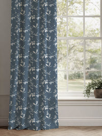 Blue Floral Linen Curtains - Flora Ink - White base fabric.