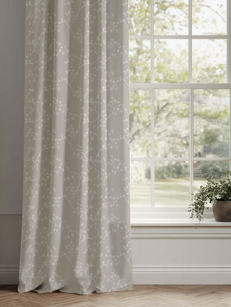 Neutral / Grey Botanical Linen Curtains - Goldfinch INV Grey Sand - White base fabric.