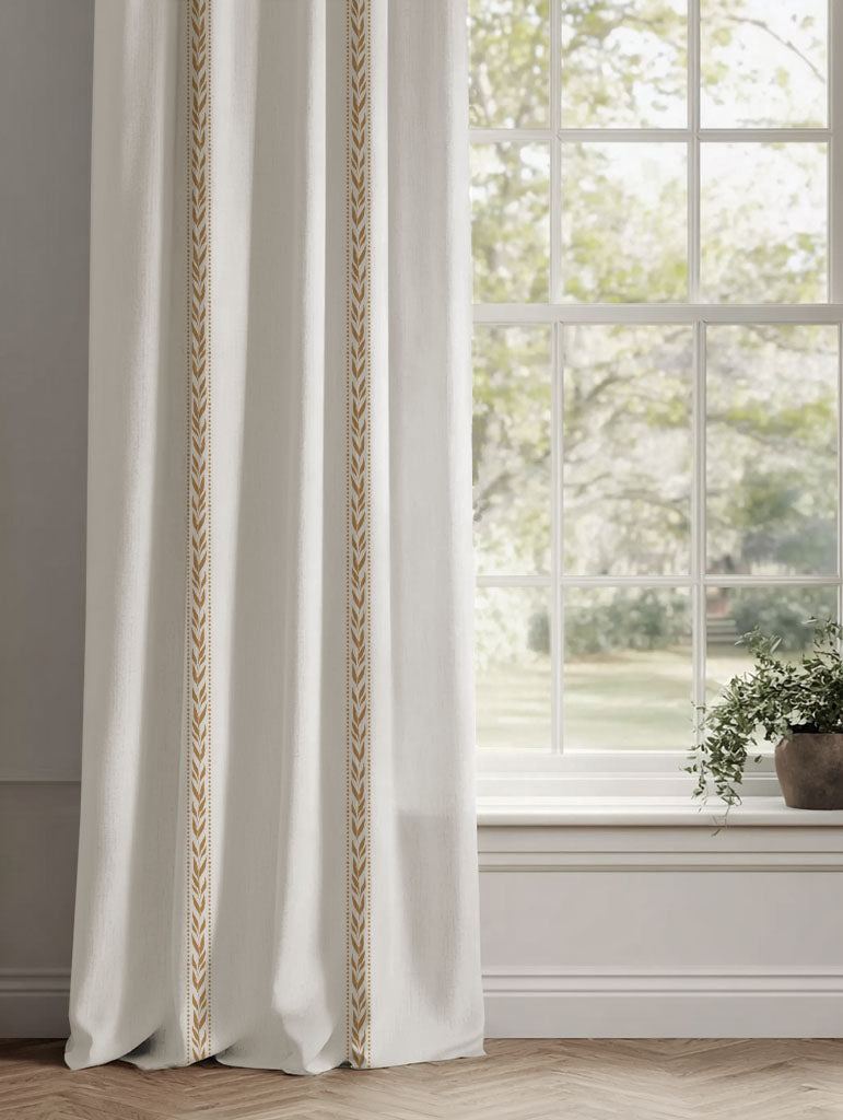 Orange / Yellow Striped Linen Curtains - Helena Ochre - White base fabric.