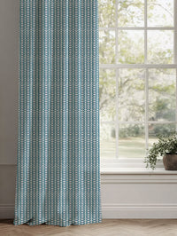 Blue Patterned Linen Curtains - Hilda Night Blue - White base fabric.