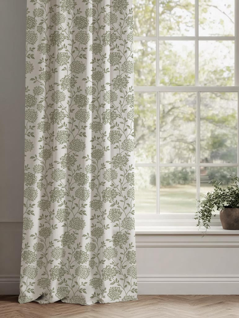 Green Floral Linen Curtain - Hulsey Moss-WHT - White base fabric.