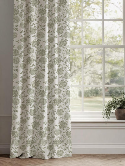 Green Floral Linen Curtain - Hulsey Moss-WHT - White base fabric.