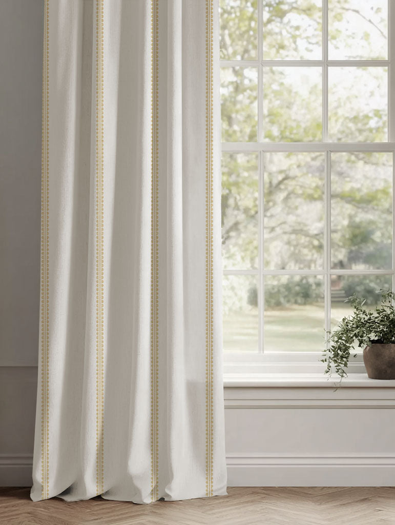 Yellow Striped Linen Curtains - Imogen Gold Rod - White base fabric.