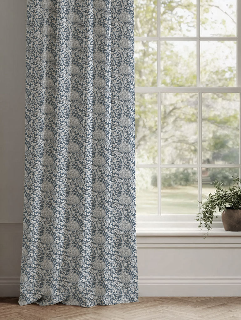 Blue Floral Linen Curtains - Katarina Ink - White base fabric.
