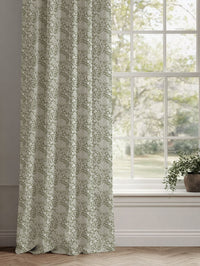 Green Floral Linen Curtains - Katarina Moss - White base fabric.
