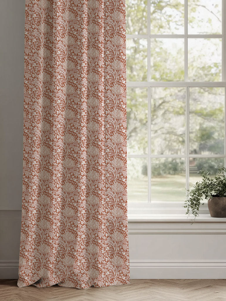 Red / Orange Floral Linen Curtains - Katarina Terracotta - White base fabric.
