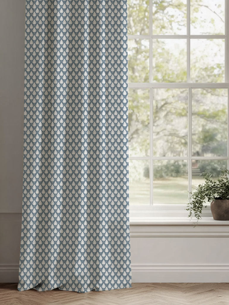 Blue Botanical Linen Curtains - Kira Agate Blue - White base fabric.