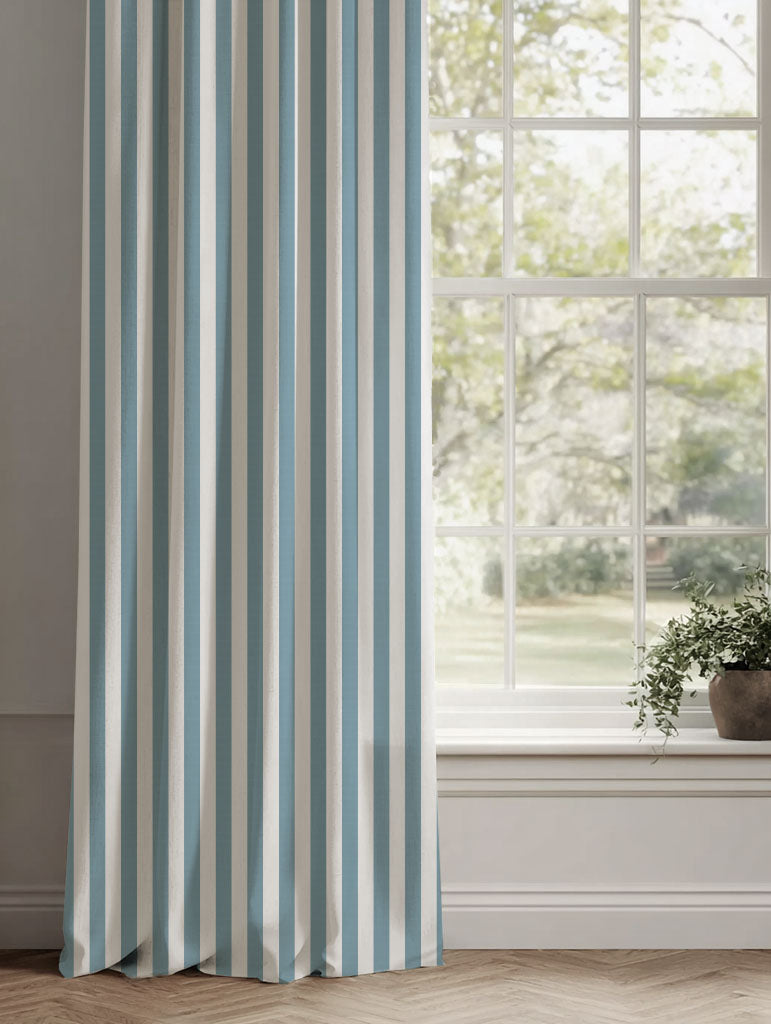 Blue Striped Linen Curtains - Liliana Blue Mist-WHT - White base fabric.