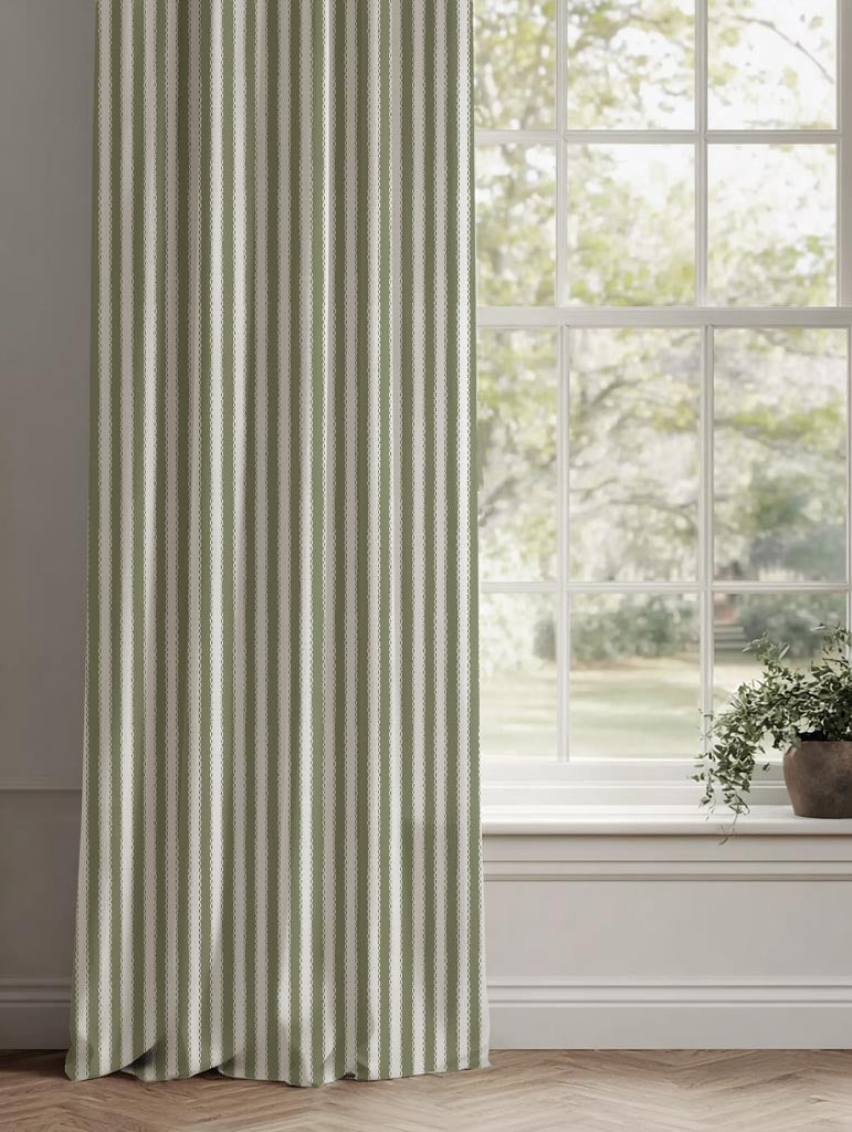 Green Striped Linen Curtain - Lisabella Moss-WHT - White base fabric.
