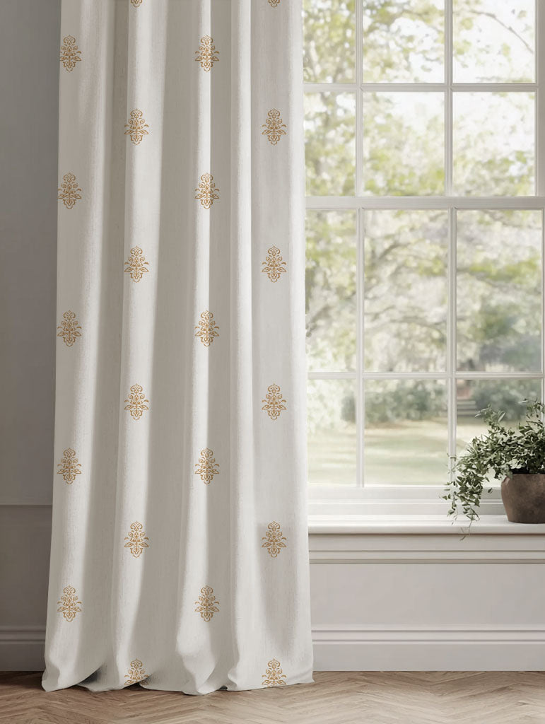 Orange / Yellow Floral Linen Curtains - Lisana Ochre - White base fabric.