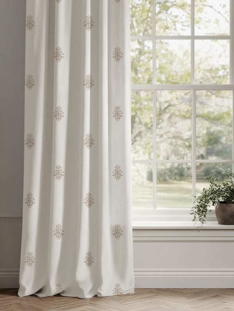 Brown Floral Linen Curtains - Lisana Pastel Brown - White base fabric.