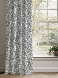 Blue Botanical Linen Curtains - Lisbell Ink -WHT - White base fabric.