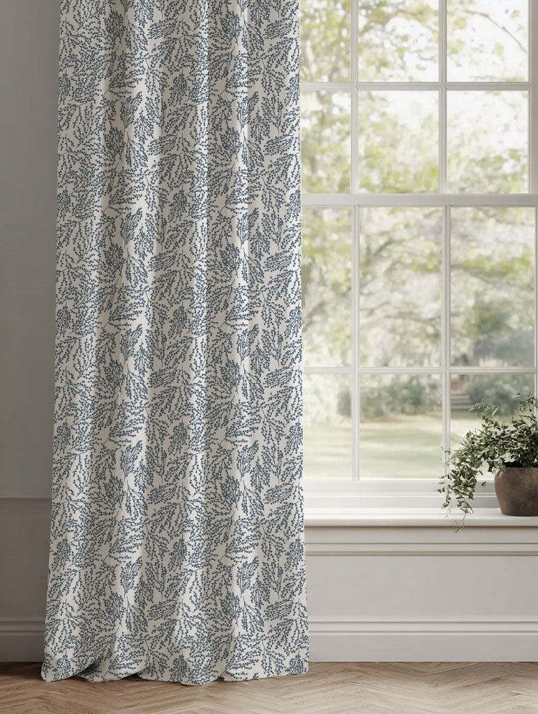 Blue Botanical Linen Curtains - Lisbell Ink -WHT - White base fabric.