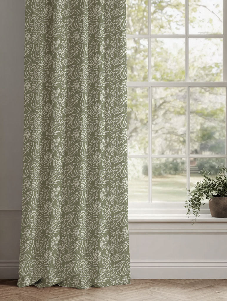 Green Botanical Linen Curtains - Lisbell Moss - White base fabric.