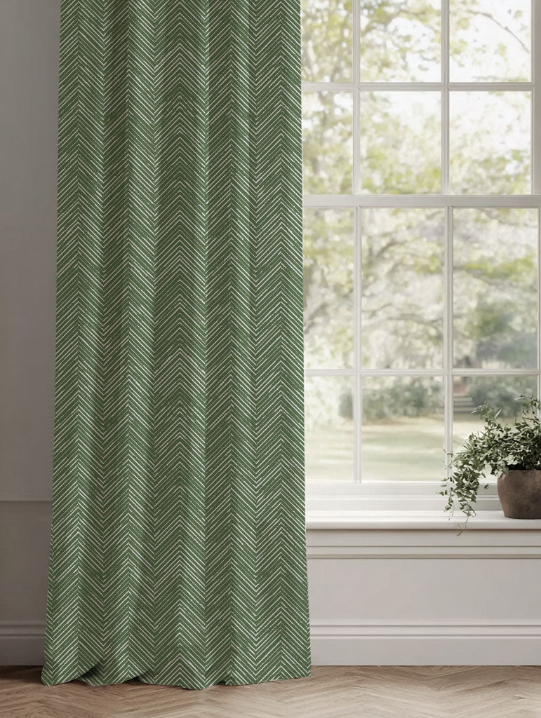 Green Patterned Linen Curtains - Lulu Emerald - White base fabric.