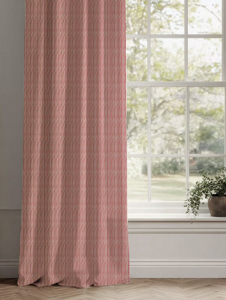 Red Striped Linen Curtains - Maisa Crimson Red - White base fabric.