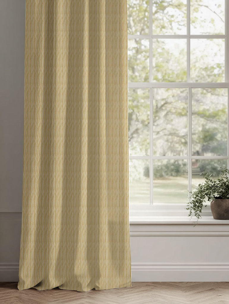Yellow Striped Linen Curtains - Maisa Gold Rod - White base fabric.