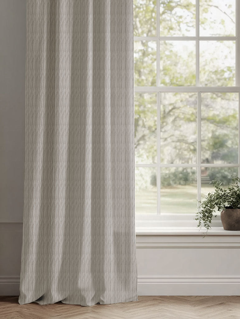 Brown Striped Linen Curtains - Maisa Nougat - White base fabric.