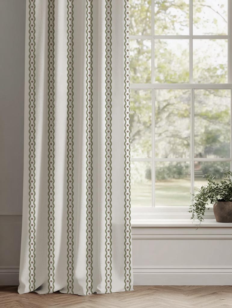 Green Abstract Striped Linen Curtain - Margarie Moss-WHT - White base fabric.