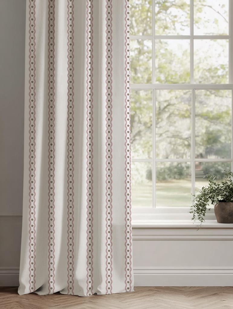 Pink Abstract Striped Linen Curtain - Margarie Peony-WHT - White base fabric.