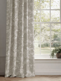 Neutral / Grey Floral Linen Curtains - Marianne Almond - White base fabric.