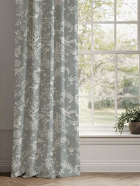 Grey Floral Linen Curtains - Marianne Greige - White base fabric.