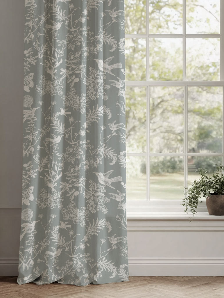 Grey Floral Linen Curtains - Marianne Greige - White base fabric.