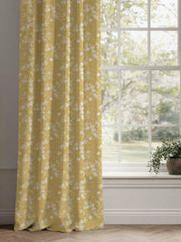 Yellow Floral Linen Curtains - Merisa Gold Amber - White base fabric.