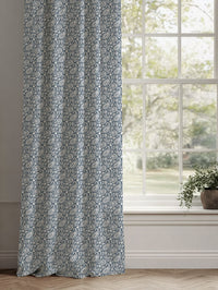 Blue Patterned Linen Curtains - Nora Ink-WHT - White base fabric.
