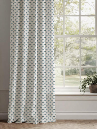 Blue Botanical Linen Curtain - Olgie Paris Blue-WHT - White base fabric.