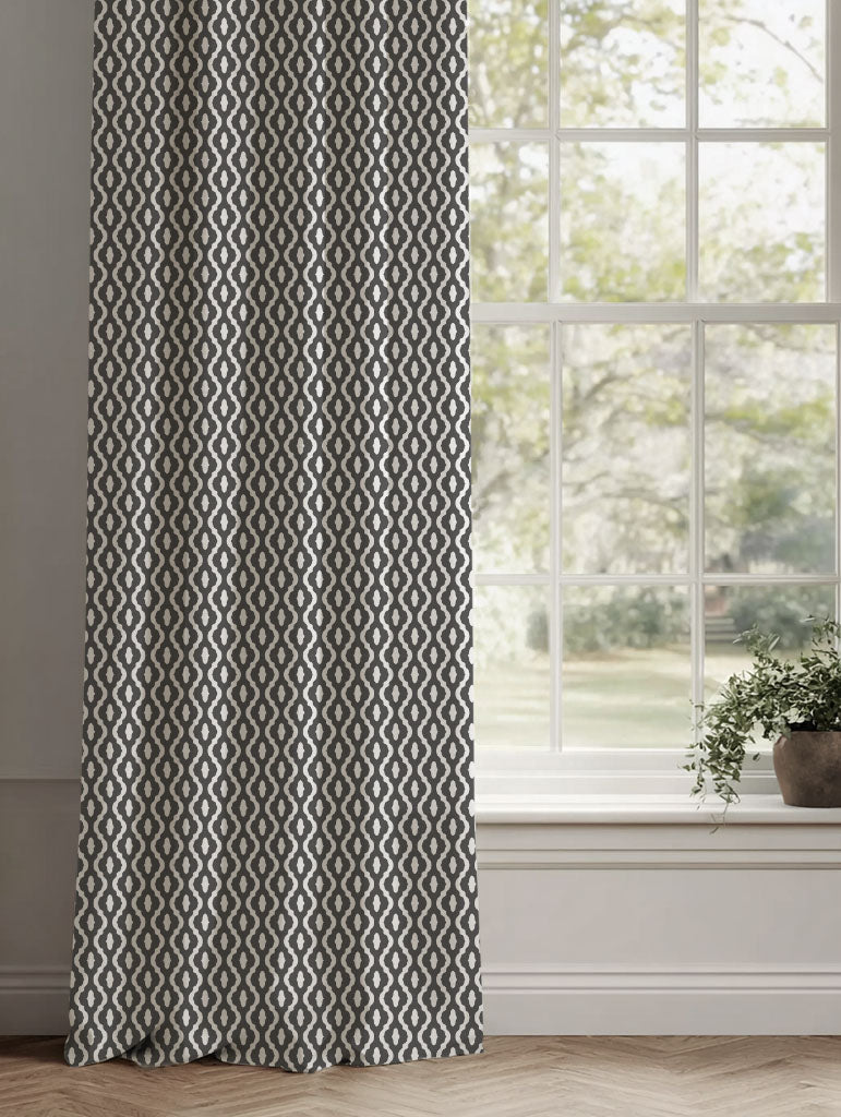 Grey Patterned Linen Curtains - Oona Charcoal - White base fabric.