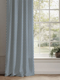 Blue Patterned Linen Curtains - Oona Denim - White base fabric.