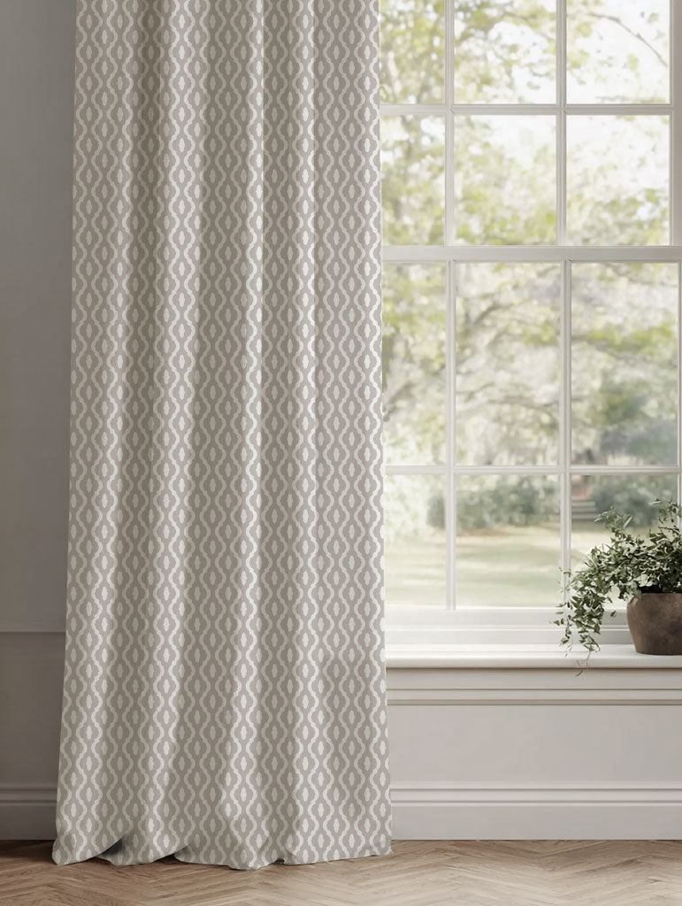 Neutral / Grey Patterned Linen Curtains - Oona Grey Sand - White base fabric.
