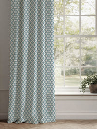 Blue Patterned Linen Curtains - Oona Shadow Blue - White base fabric.