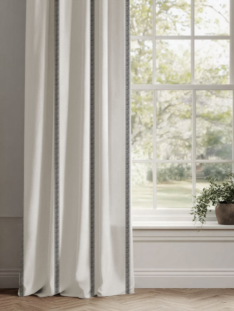 Black Striped Linen Curtains - Rune Noir - White base fabric.
